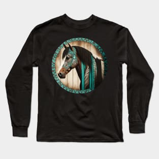Western Horse Tribal Turquoise Stripe Design for Boys Men Long Sleeve T-Shirt